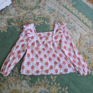 J CREW Women Sz L Shirt White Orange Pink Block Print Floral Ruffle Square Neck